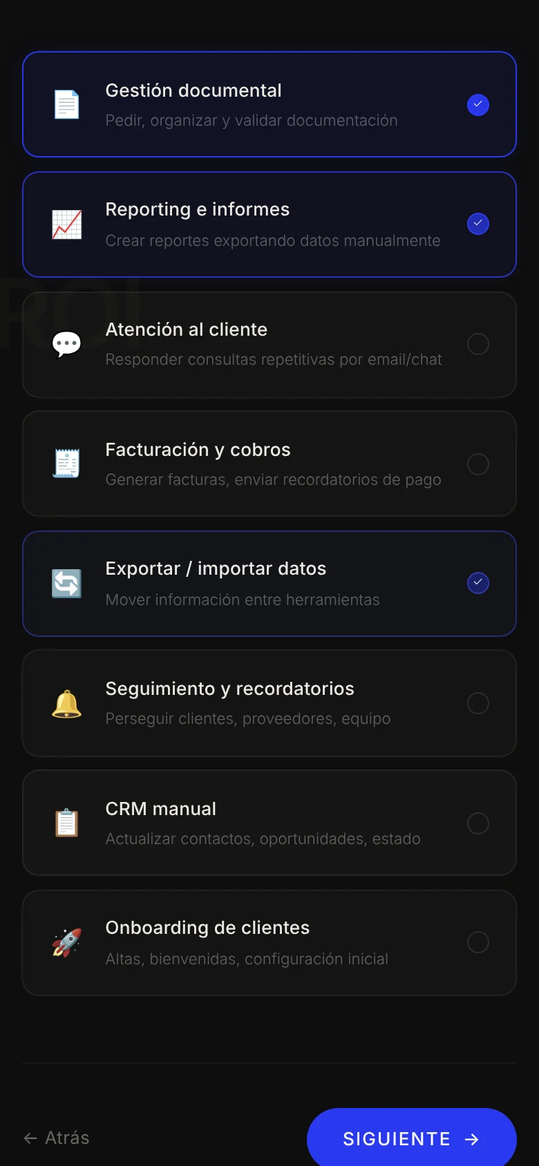 En el móvil: eliges los procesos manuales que reconoces en tu empresa.