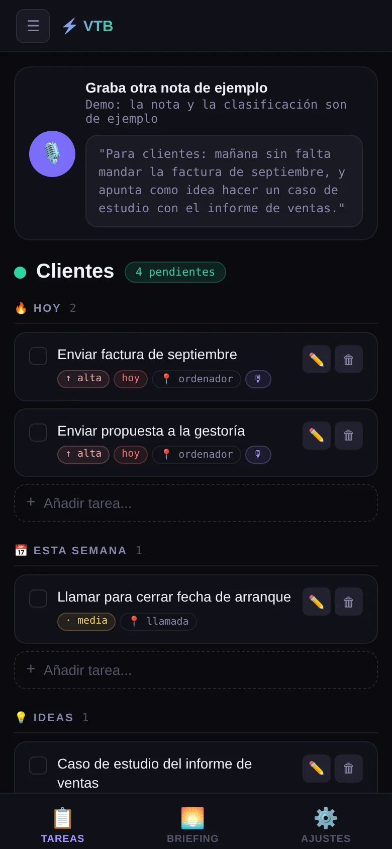 En el móvil: una nota de voz convertida en dos tareas, ya clasificadas.